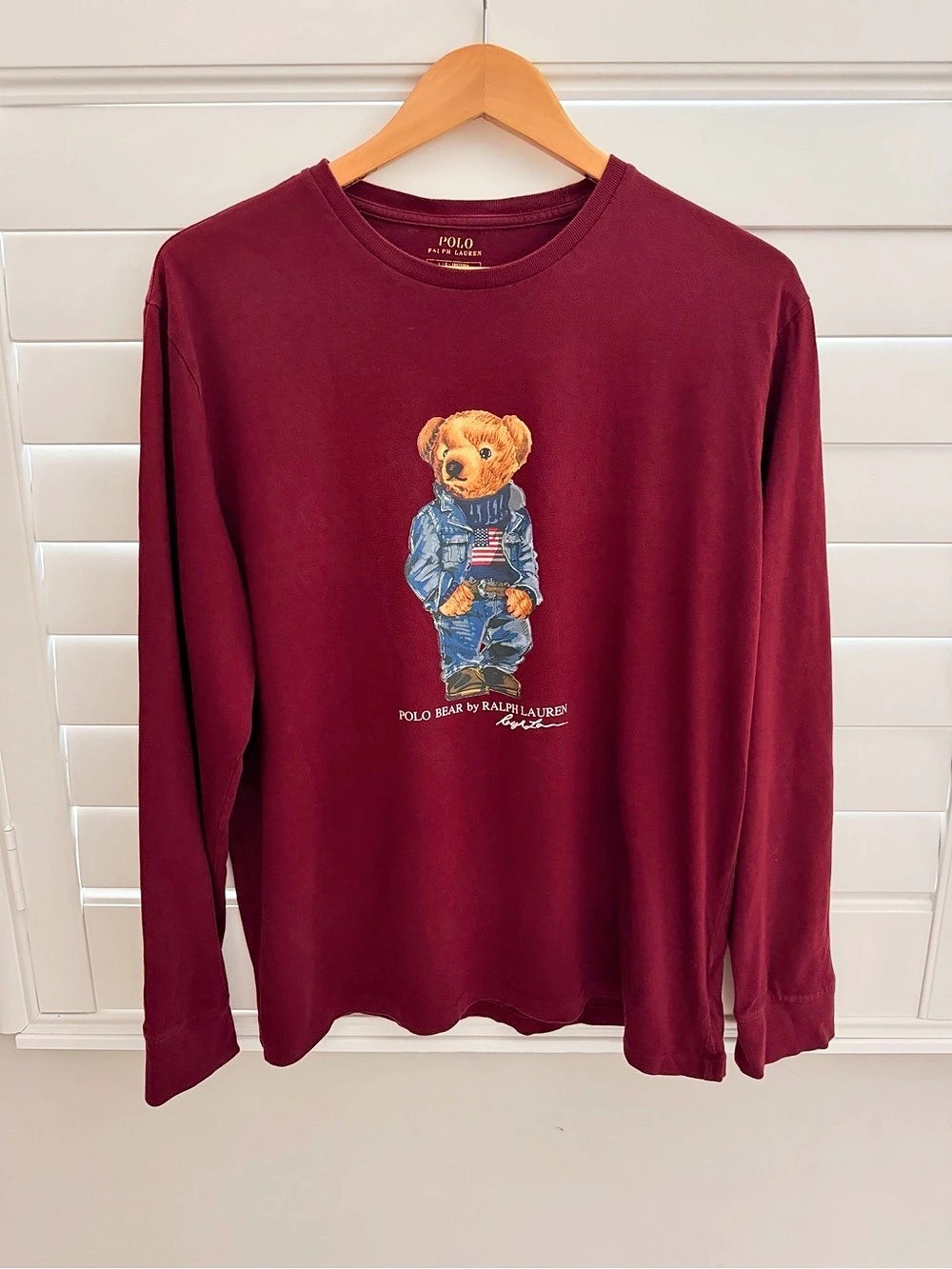 : Polo Ralph Lauren Polo Bear Men’s L Burgundy Long Sleeve T-Shirt USA Denim Bea